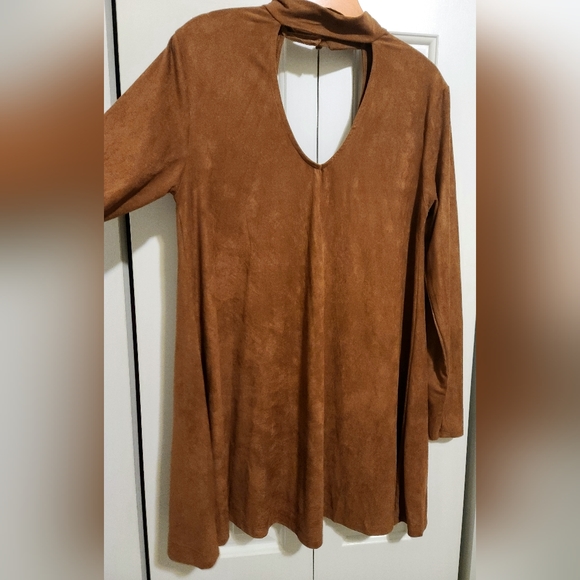 Camel Color Faux Suede Cutout Choker-Neck Style Mini Dress - Picture 2 of 6